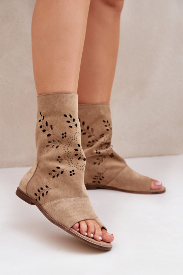 Zazoo 3437 Dámske Semišové sandále s čižmami Zapnuté Hrad béžová