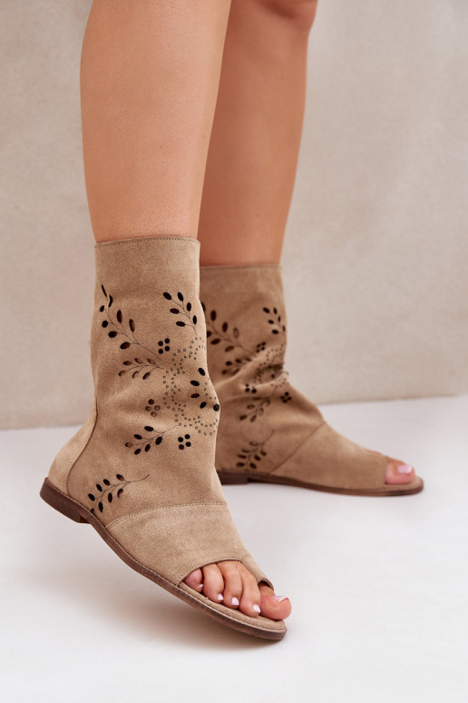 Zazoo 3437 Dámske Semišové sandále s čižmami Zapnuté Hrad béžová