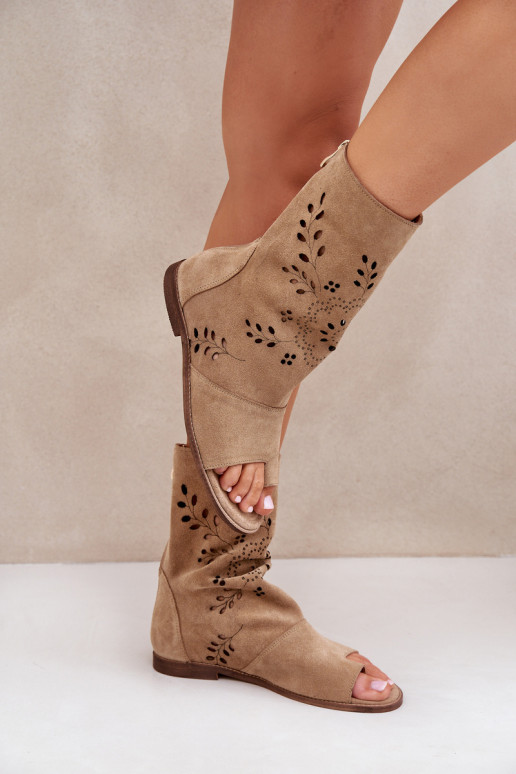 Zazoo 3437 Dámske Semišové sandále s čižmami Zapnuté Hrad béžová