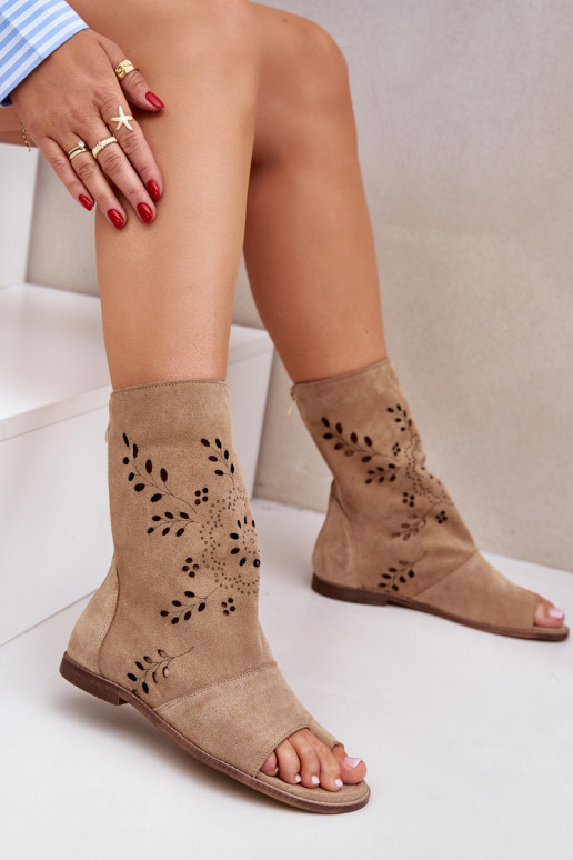 Zazoo 3437 Dámske Semišové sandále s čižmami Zapnuté Hrad béžová