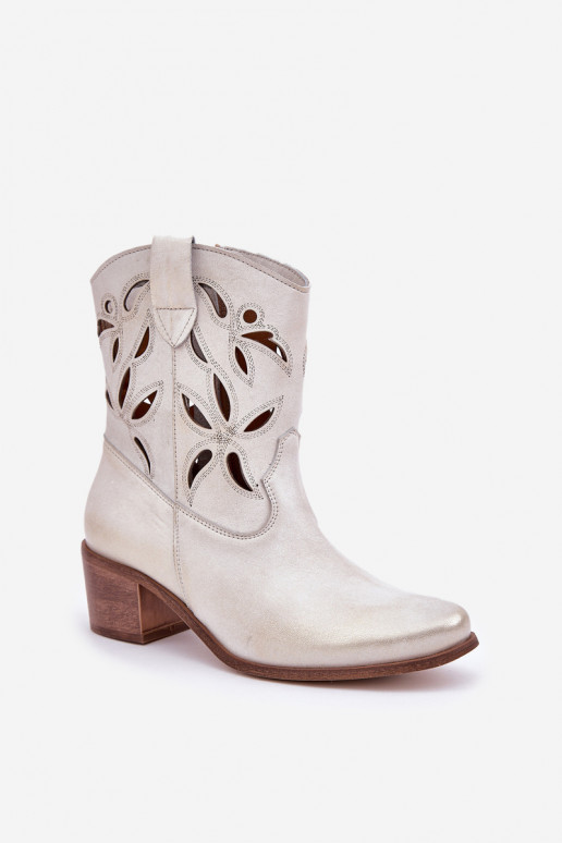 Kožené Prelamované čižmy s podpätkami Zazoo 3621 zlatej farby Przecierany