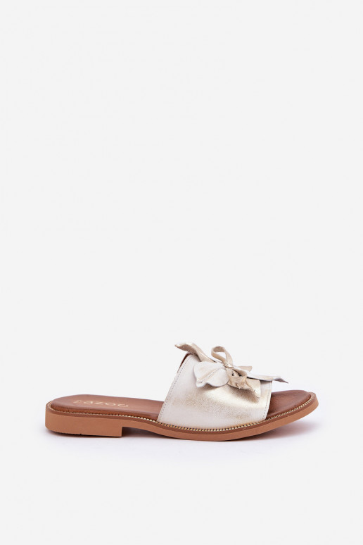 Papuče s ozdobami pravá koža Zazoo 3667 zlatej farby Przecierany Papuče s ozdobami pravá koža Zazoo 3667 zlatej farby Przecierany