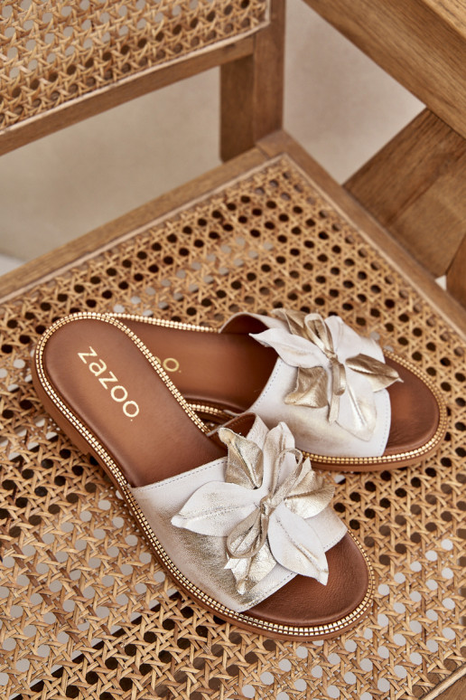 Papuče s ozdobami pravá koža Zazoo 3667 zlatej farby Przecierany Papuče s ozdobami pravá koža Zazoo 3667 zlatej farby Przecierany