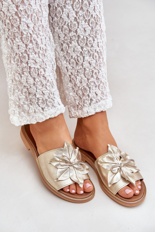 Papuče s ozdobami pravá koža Zazoo 3667 zlatej farby Papuče s ozdobami pravá koža Zazoo 3667 zlatej farby