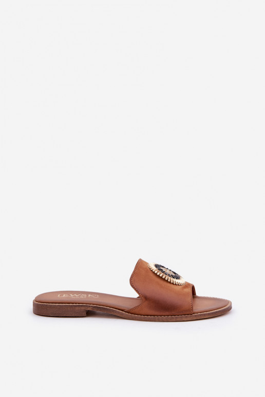 Kožené papuče s ozdobami so širokými podpätkami LeInski 3047/O Hnedá farba