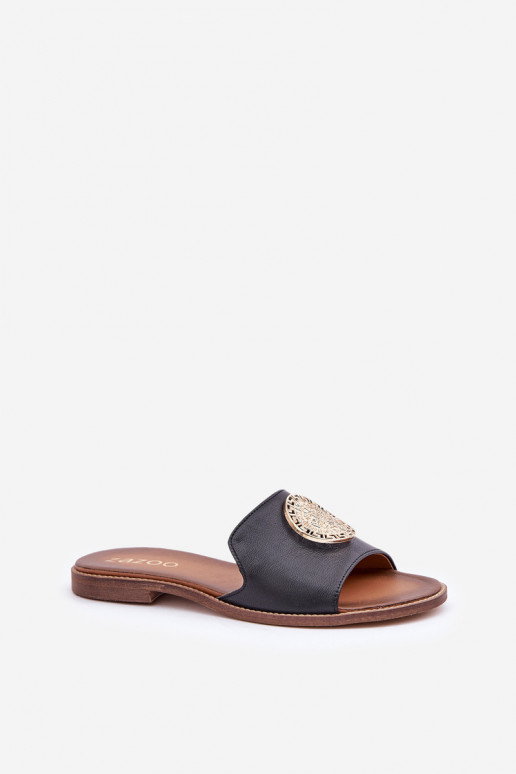 Kožené papuče s ozdobami so širokými podpätkami Zazoo 3047/O čierna