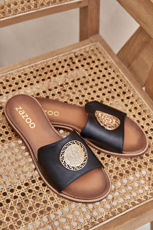 Kožené papuče s ozdobami so širokými podpätkami Zazoo 3047/O čierna