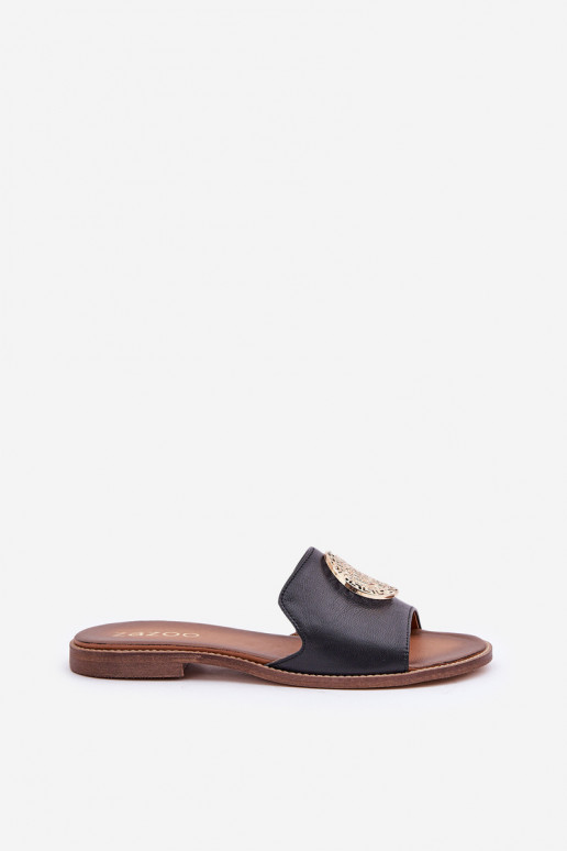 Kožené papuče s ozdobami so širokými podpätkami Zazoo 3047/O čierna