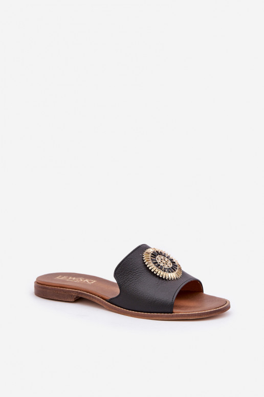 Kožené papuče s ozdobami so širokými podpätkami Zazoo 3047/O čierna