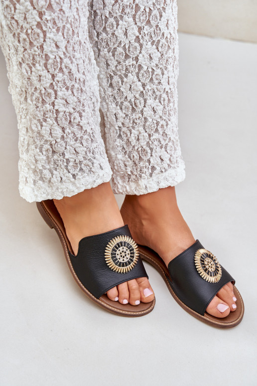 Kožené papuče s ozdobami so širokými podpätkami Zazoo 3047/O čierna