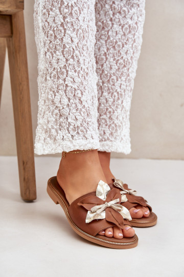 Papuče s ozdobami pravá koža Zazoo 3574/Z Hnedá farba