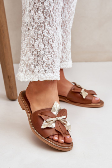 Papuče s ozdobami pravá koža Zazoo 3574/Z Hnedá farba 2