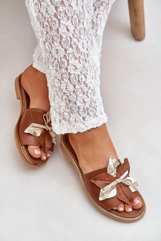 Papuče s ozdobami pravá koža Zazoo 3574/Z Hnedá farba