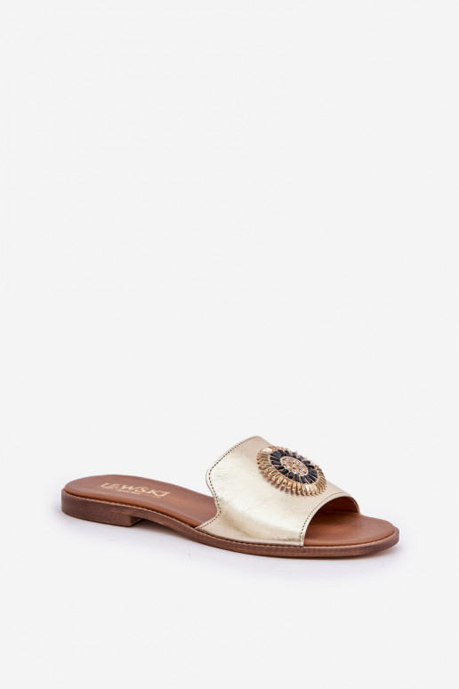 Kožené papuče s ozdobami so širokými podpätkami Zazoo 3047/O zlatej farby