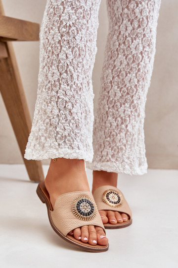 Kožené papuče s ozdobami so širokými podpätkami LeInski 3047/O béžová