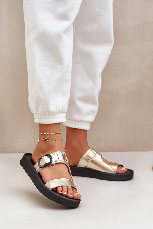 Kožené papuče Dámske s platformou Zazoo 3024 zlatej farby