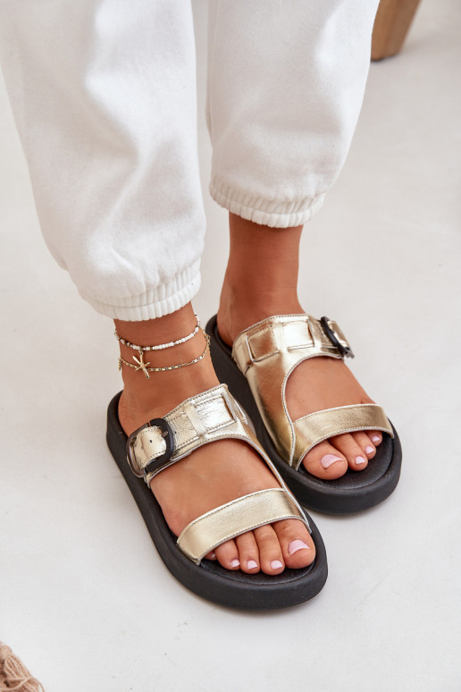 Kožené papuče Dámske s platformou Zazoo 3024 zlatej farby