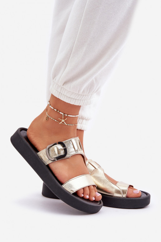 Kožené papuče Dámske s platformou Zazoo 3024 zlatej farby