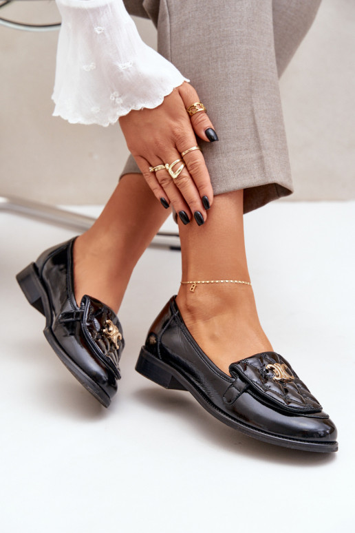 Kožené Lakované mokasíny so zlatými detailmi Laura Messi 2927 čierna Kožené Lakované mokasíny so zlatými detailmi Laura Messi 2927 čierna