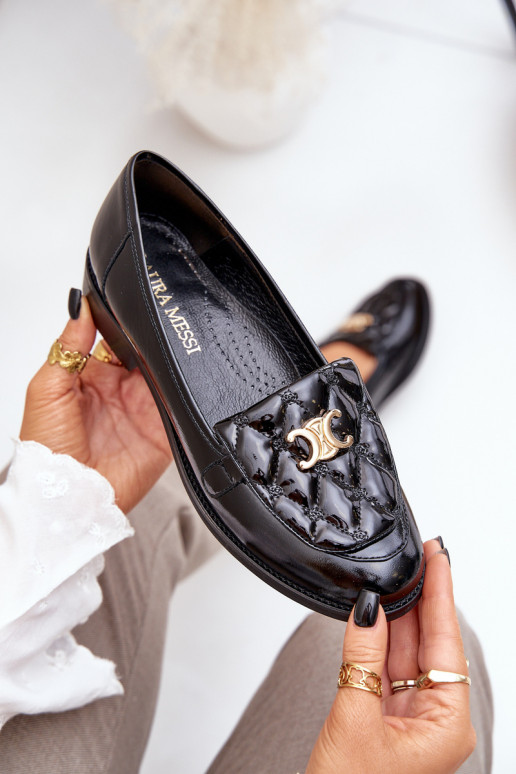 Kožené Lakované mokasíny so zlatými detailmi Laura Messi 2927 čierna Kožené Lakované mokasíny so zlatými detailmi Laura Messi 2927 čierna