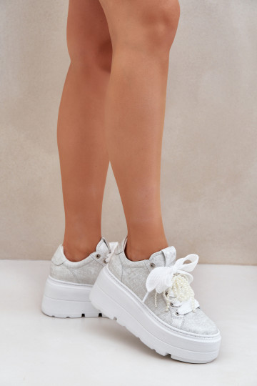 Kožené Tenisky model obuvi s platformou CheBello 4658 strieborná farba