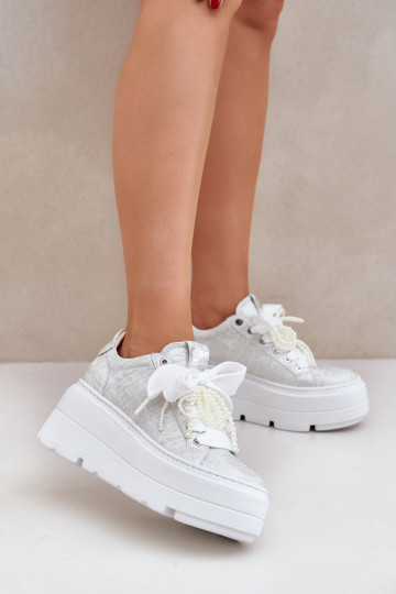Kožené Tenisky model obuvi s platformou CheBello 4658 strieborná farba 2