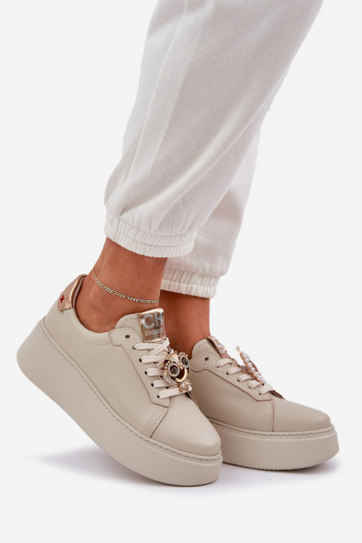 Dámske Kožené Tenisky model obuvi CheBello 4411 slonovina Dámske Kožené Tenisky model obuvi CheBello 4411 slonovina