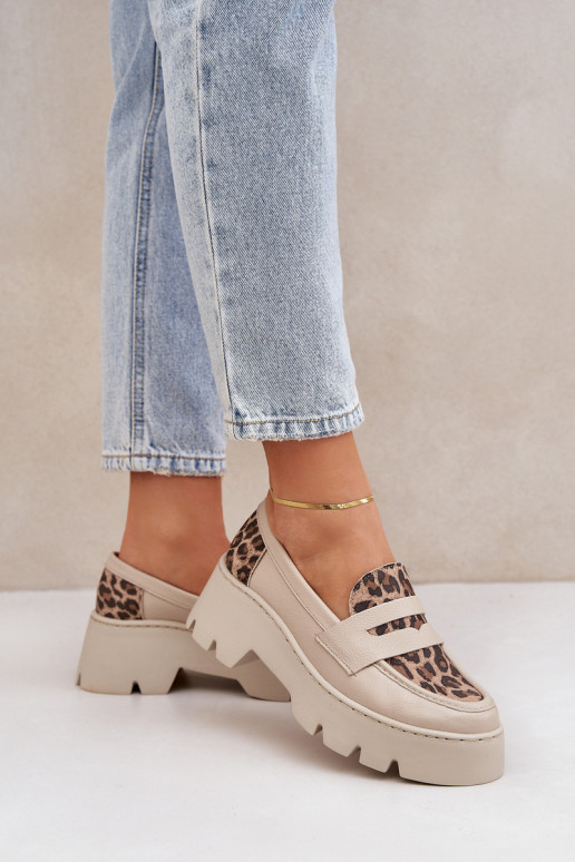 Kožené Dámske mokasíny na platforme A Ploché Pätky so vzormi leopardej kožušiny Zazoo 20191 slonovina Kožené Dámske mokasíny na platforme A Ploché Pätky so vzormi leopardej kožušiny Zazoo 20191 slonovina
