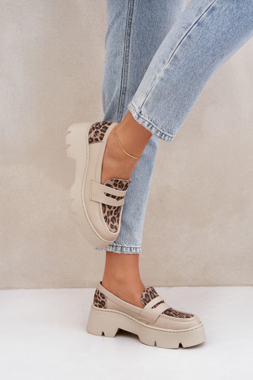 Kožené Dámske mokasíny na platforme A Ploché Pätky so vzormi leopardej kožušiny Zazoo 20191 slonovina Kožené Dámske mokasíny na platforme A Ploché Pätky so vzormi leopardej kožušiny Zazoo 20191 slonovina