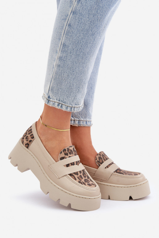 Kožené Dámske mokasíny na platforme A Ploché Pätky so vzormi leopardej kožušiny Zazoo 20191 slonovina Kožené Dámske mokasíny na platforme A Ploché Pätky so vzormi leopardej kožušiny Zazoo 20191 slonovina