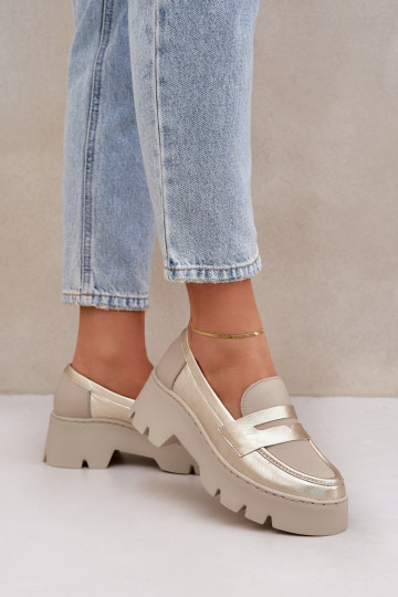 Kožené Dámske mokasíny na platforme A Ploché Pätky Zazoo 20191 zlatej farby