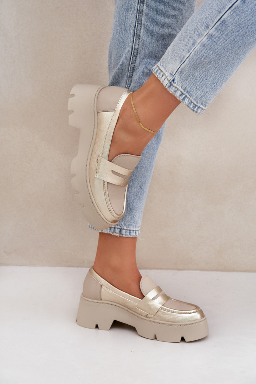 Kožené Dámske mokasíny na platforme A Ploché Pätky Zazoo 20191 zlatej farby Kožené Dámske mokasíny na platforme A Ploché Pätky Zazoo 20191 zlatej farby