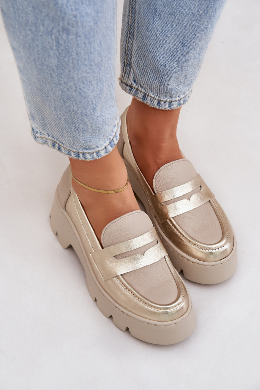 Kožené Dámske mokasíny na platforme A Ploché Pätky Zazoo 20191 zlatej farby Kožené Dámske mokasíny na platforme A Ploché Pätky Zazoo 20191 zlatej farby