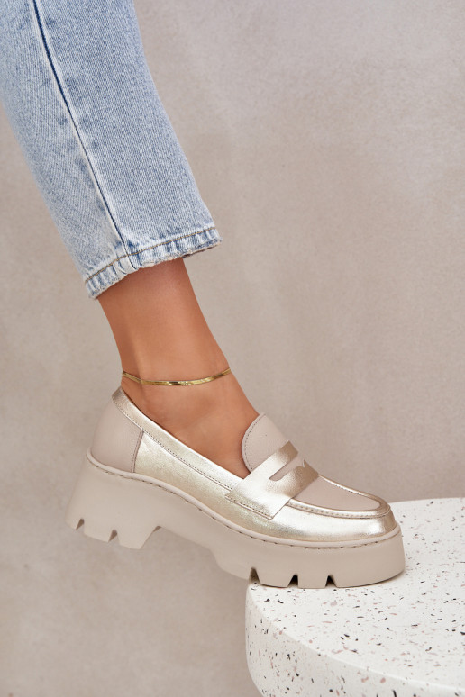 Kožené Dámske mokasíny na platforme A Ploché Pätky Zazoo 20191 zlatej farby Kožené Dámske mokasíny na platforme A Ploché Pätky Zazoo 20191 zlatej farby