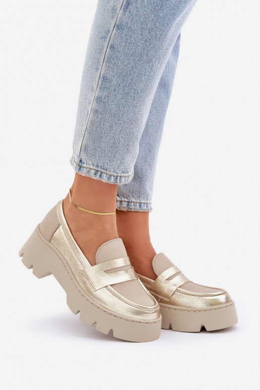 Kožené Dámske mokasíny na platforme A Ploché Pätky Zazoo 20191 zlatej farby Kožené Dámske mokasíny na platforme A Ploché Pätky Zazoo 20191 zlatej farby