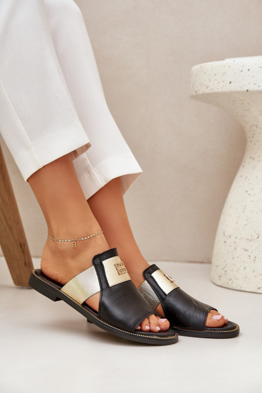 Elegantný štýl Papuče Vyrobené z prírodnej kože so širokými podpätkami Zazoo 40423 čierna Elegantný štýl Papuče Vyrobené z prírodnej kože so širokými podpätkami Zazoo 40423 čierna