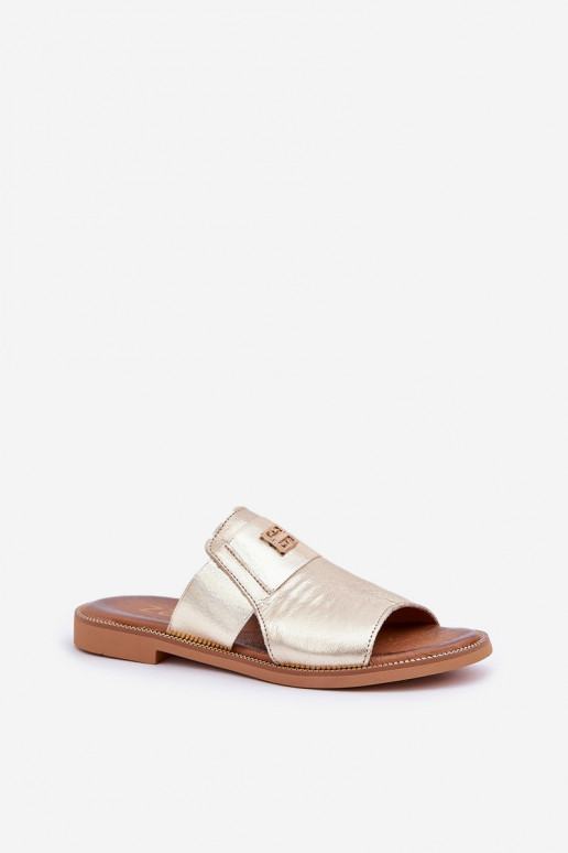 Elegantný štýl Papuče Vyrobené z prírodnej kože so širokými podpätkami Zazoo 40423 zlatej farby Elegantný štýl Papuče Vyrobené z prírodnej kože so širokými podpätkami Zazoo 40423 zlatej farby