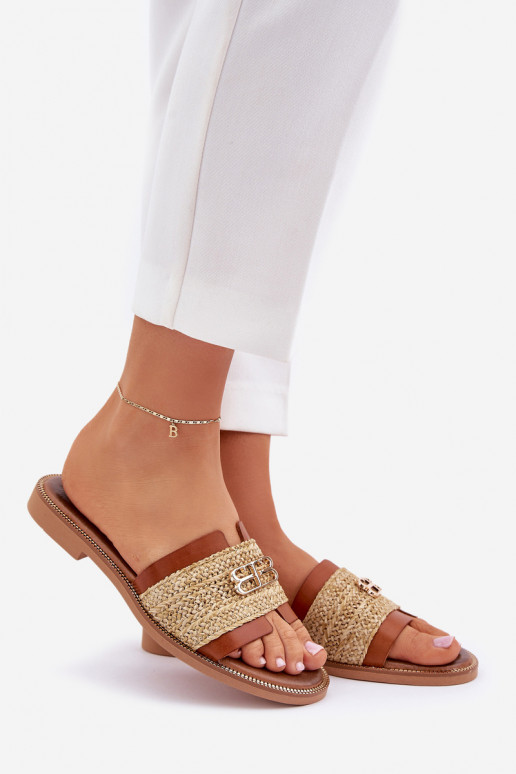 Kožené papuče S Ornatem Detalem I Plecionką Zazoo 40426 Hnedá farba Kožené papuče S Ornatem Detalem I Plecionką Zazoo 40426 Hnedá farba