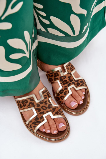 Kožené rovná sa Papuče so vzormi leopardej kožušiny Zazoo 40383 Hnedá farba