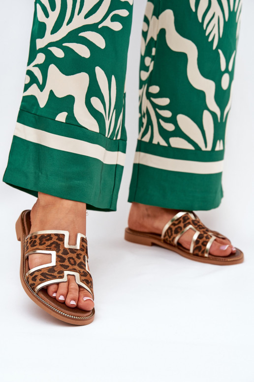 Kožené rovná sa Papuče so vzormi leopardej kožušiny Zazoo 40383 Hnedá farba Kožené rovná sa Papuče so vzormi leopardej kožušiny Zazoo 40383 Hnedá farba