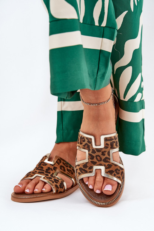 Kožené rovná sa Papuče so vzormi leopardej kožušiny Zazoo 40383 Hnedá farba Kožené rovná sa Papuče so vzormi leopardej kožušiny Zazoo 40383 Hnedá farba