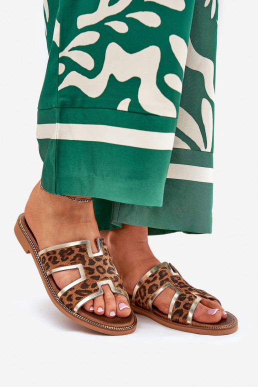 Kožené rovná sa Papuče so vzormi leopardej kožušiny Zazoo 40383 Hnedá farba Kožené rovná sa Papuče so vzormi leopardej kožušiny Zazoo 40383 Hnedá farba