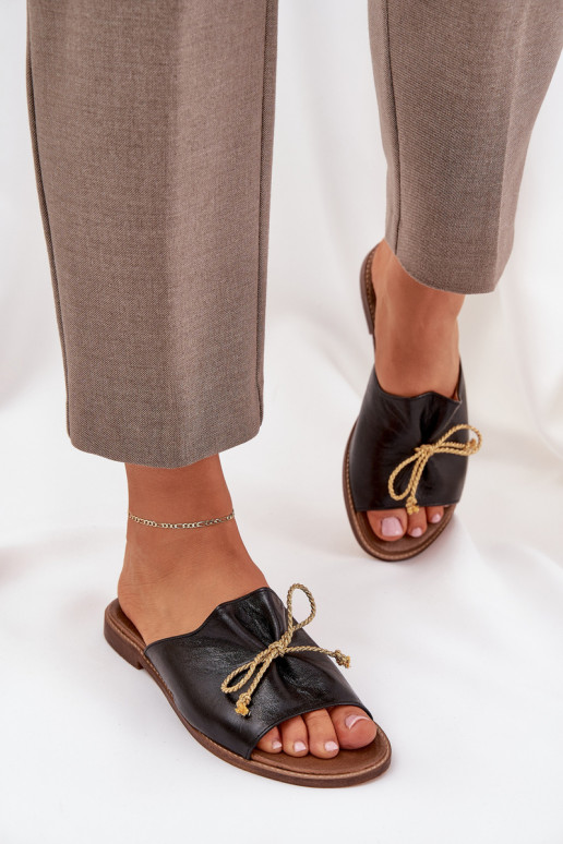 Kožené rovná sa Elegantný štýl Papuče so stuhami LeInski 3572 čierna Kožené rovná sa Elegantný štýl Papuče so stuhami LeInski 3572 čierna