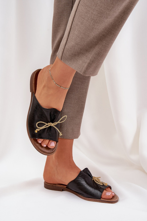 Kožené rovná sa Elegantný štýl Papuče so stuhami LeInski 3572 čierna Kožené rovná sa Elegantný štýl Papuče so stuhami LeInski 3572 čierna