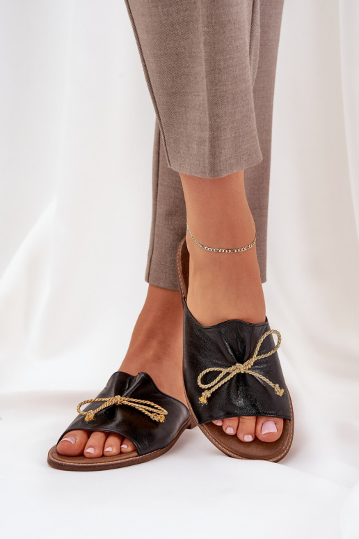 Kožené rovná sa Elegantný štýl Papuče so stuhami LeInski 3572 čierna Kožené rovná sa Elegantný štýl Papuče so stuhami LeInski 3572 čierna