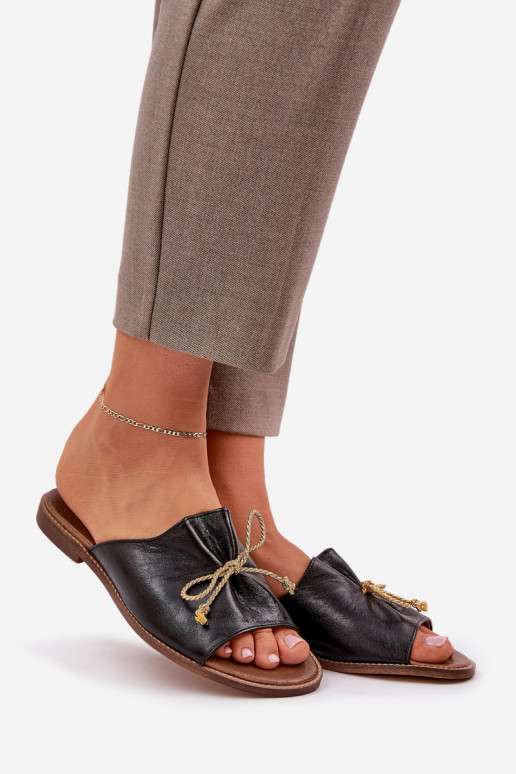 Kožené rovná sa Elegantný štýl Papuče so stuhami LeInski 3572 čierna Kožené rovná sa Elegantný štýl Papuče so stuhami LeInski 3572 čierna