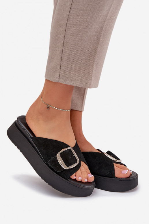 Dámske semišové papuče s prackami s platformou Zazoo 3019 čierna