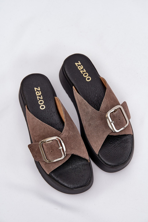 Dámske semišové papuče s prackami s platformou Zazoo 3019 Hnedá farba