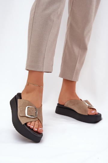 Dámske semišové papuče s prackami s platformou Zazoo 3019 béžová 2