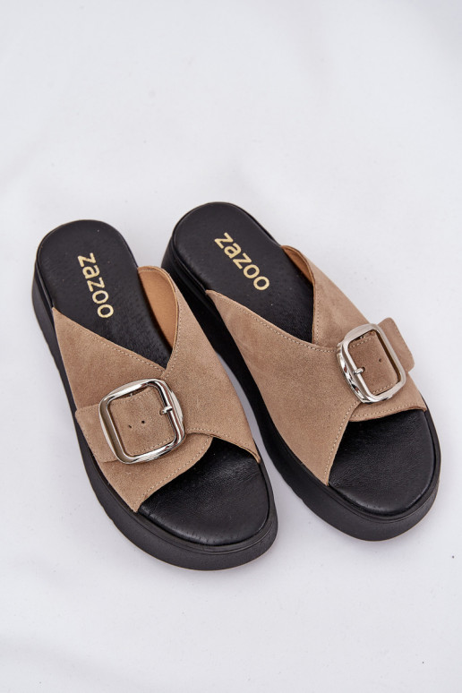 Dámske semišové papuče s prackami s platformou Zazoo 3019 béžová